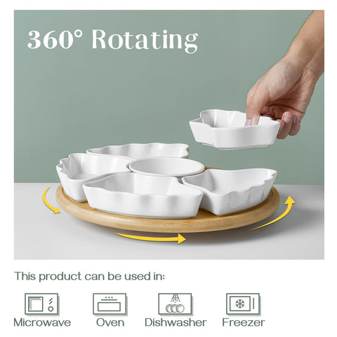 DOWAN flower-shaped ceramic platters separate chips, dips, and bites.