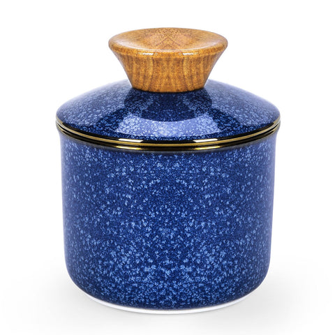 DOWAN French Butter Crock with blue glaze on countertop, stylish and practical.