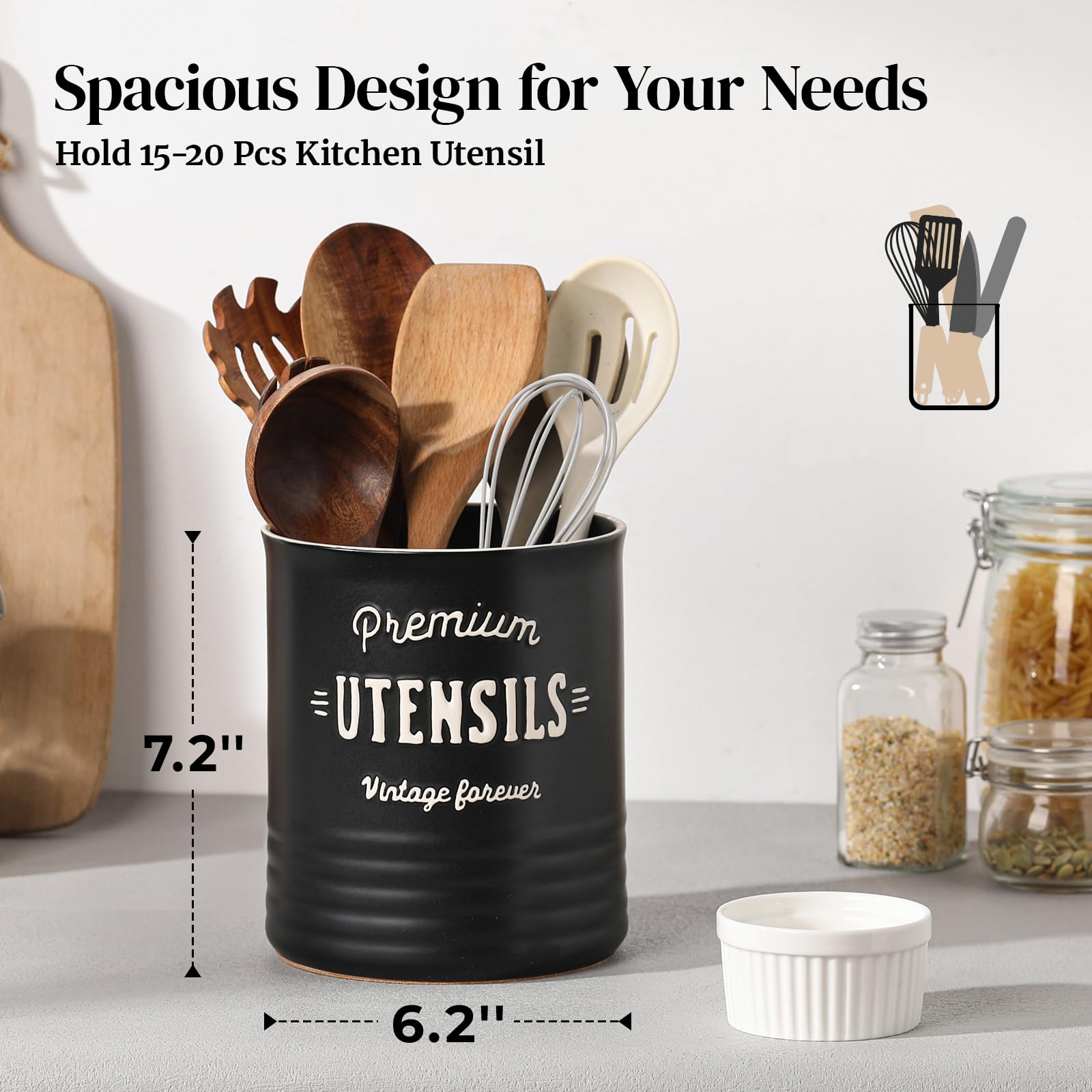 Dowan front-view ceramic utensil holder showcases farmhouse style for kitchen decor.