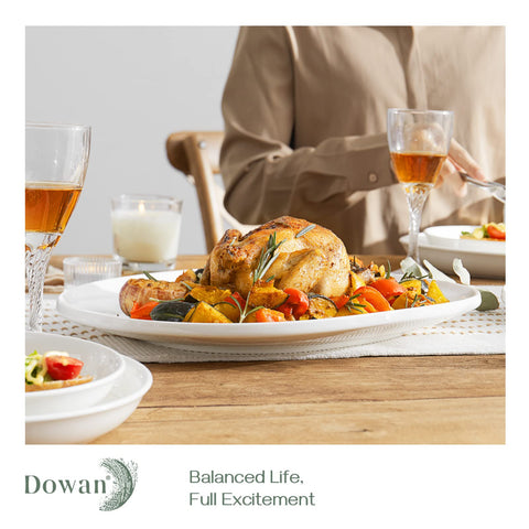 DOWAN 14-inch platter highlights cheeses and desserts with clean white elegance.