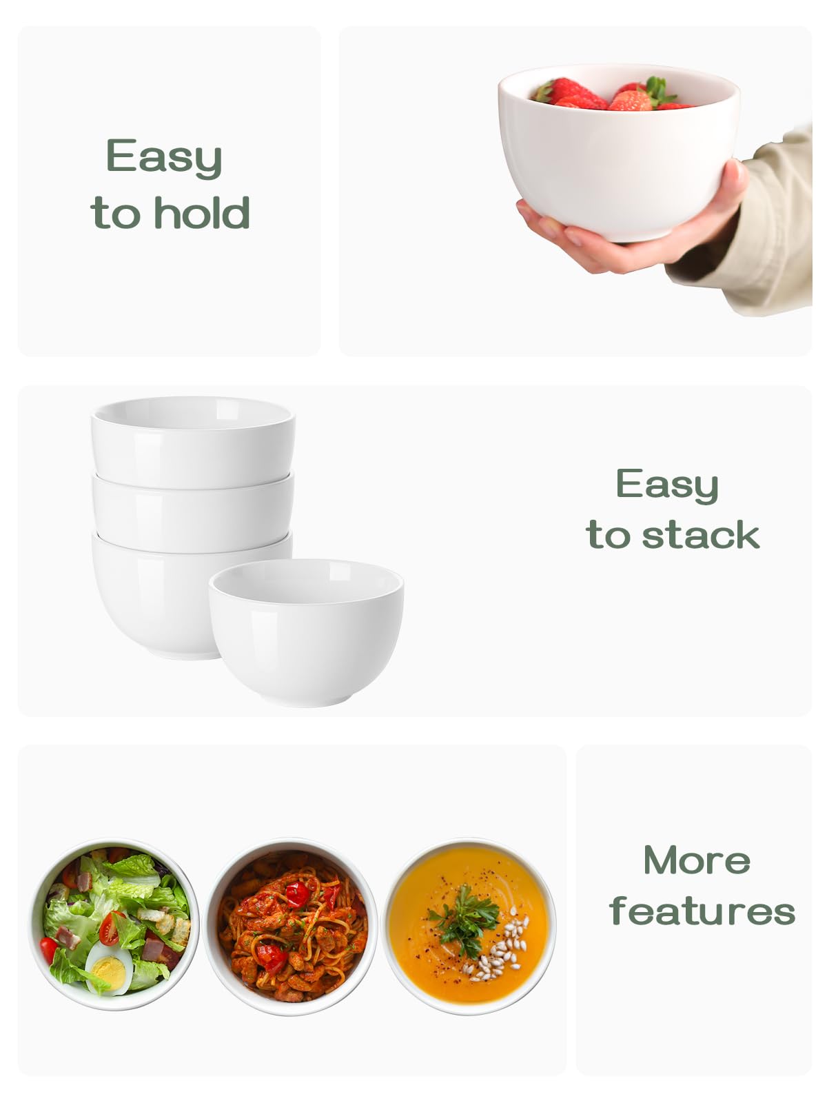 DOWAN porcelain bowls are microwave and dishwasher safe for easy cleanup.