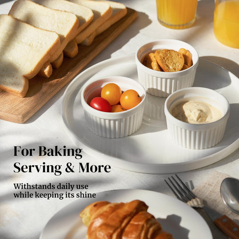 DOWAN stackable dessert bowls save shelf space with a glossy finish.