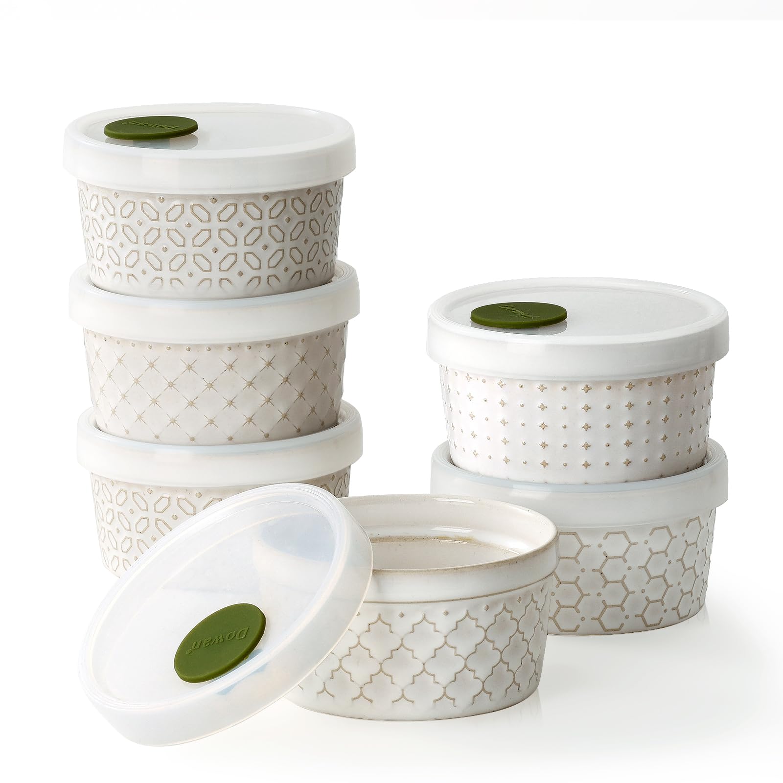 Dowan ramekins with lids in beige, stacked neatly for organized storage.