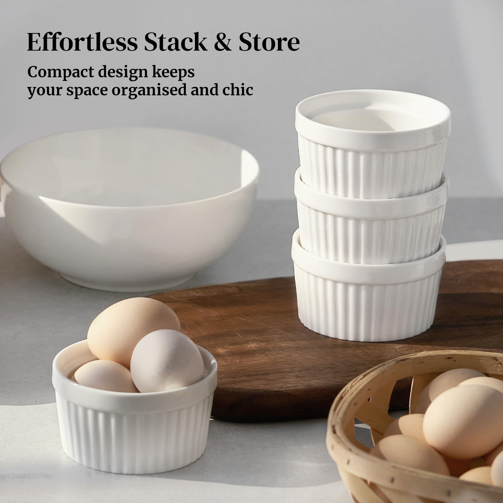 DOWAN stackable design ramekins save cabinet space and stay stable.