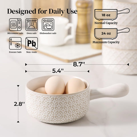 DOWAN ceramic bowls with heat-safe handles for safe oven-to-table transfers.