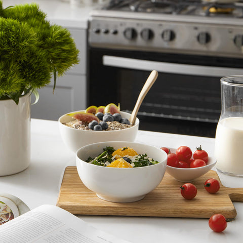 DOWAN stackable ceramic bowls, space-saving storage in kitchen cabinets.