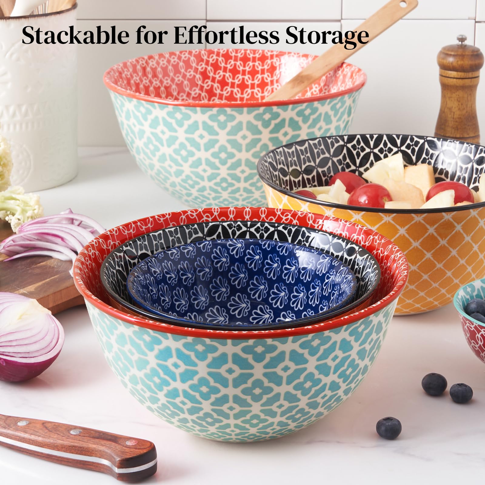 Dowan stackable design keeps cabinets tidy and cleanup quick.