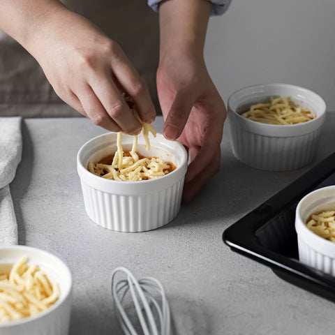 DOWAN stackable porcelain ramekins save cabinet space and prevent chipping.