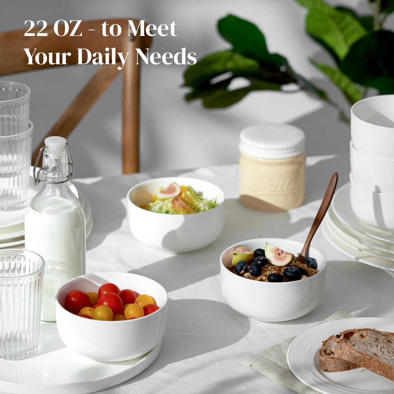 Dowan stackable white porcelain bowls save cupboard space.