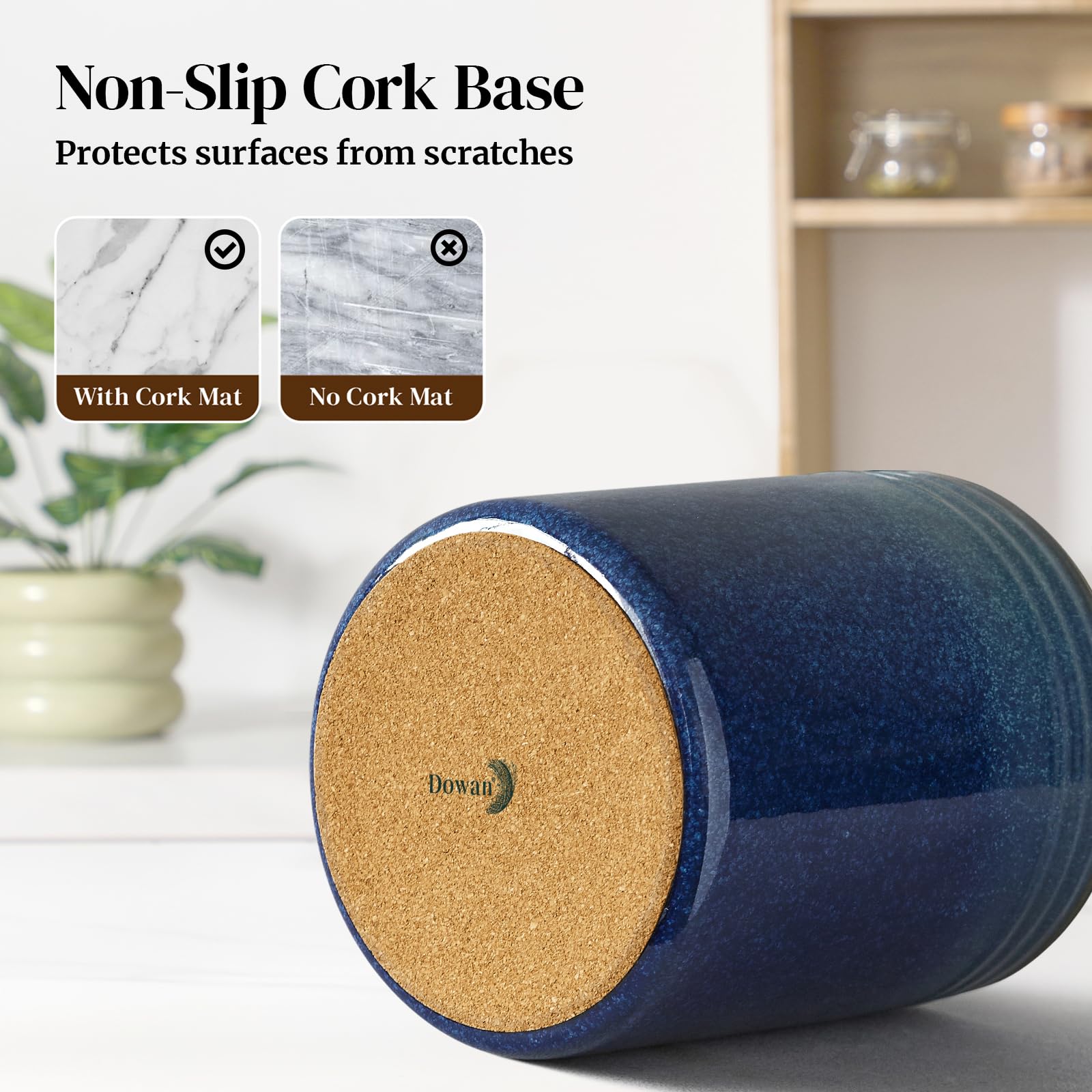 DOWAN ceramic utensil crock with anti-slip cork bottom.