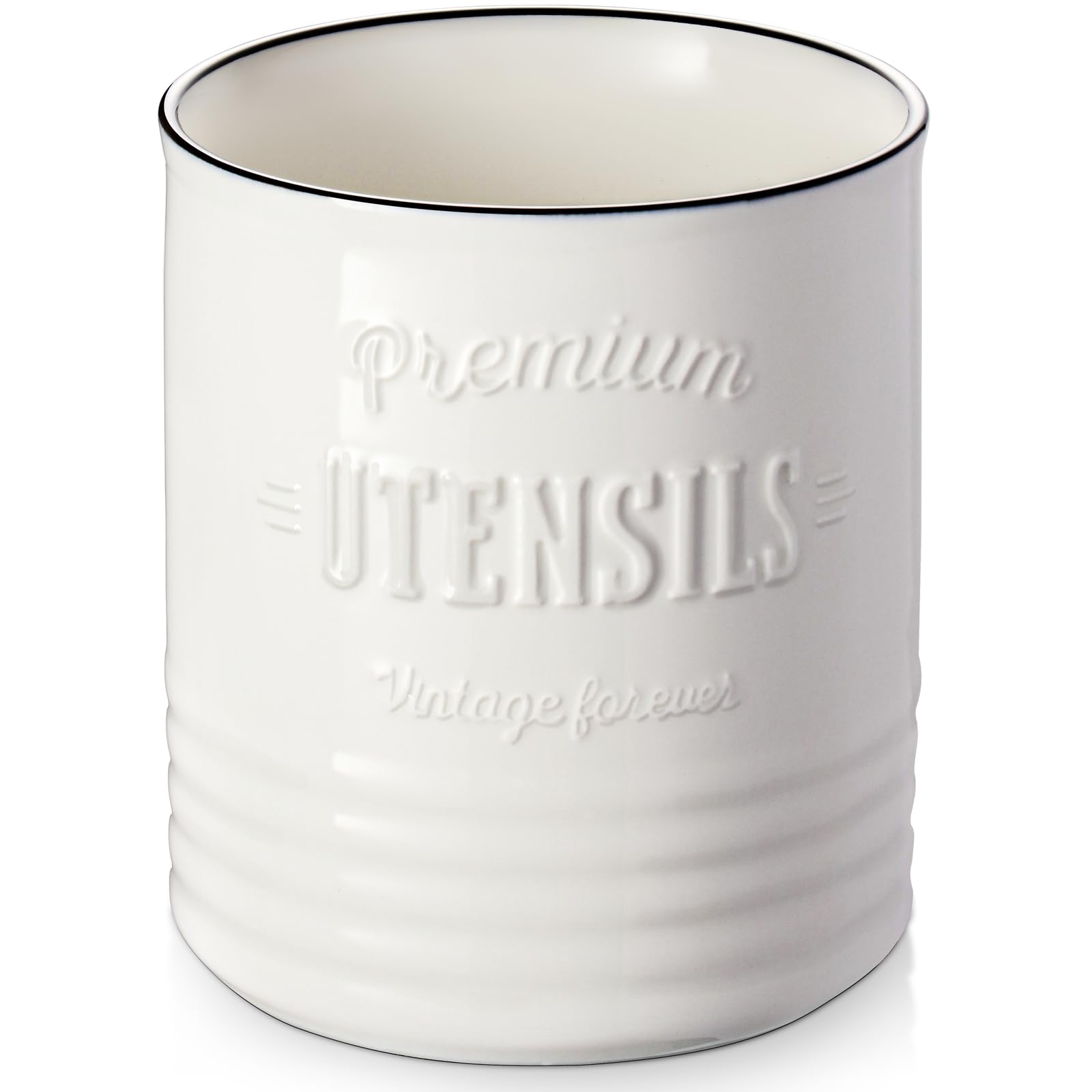 DOWAN white utensil holder on counter keeps spoons and spatulas organized and within reach.
