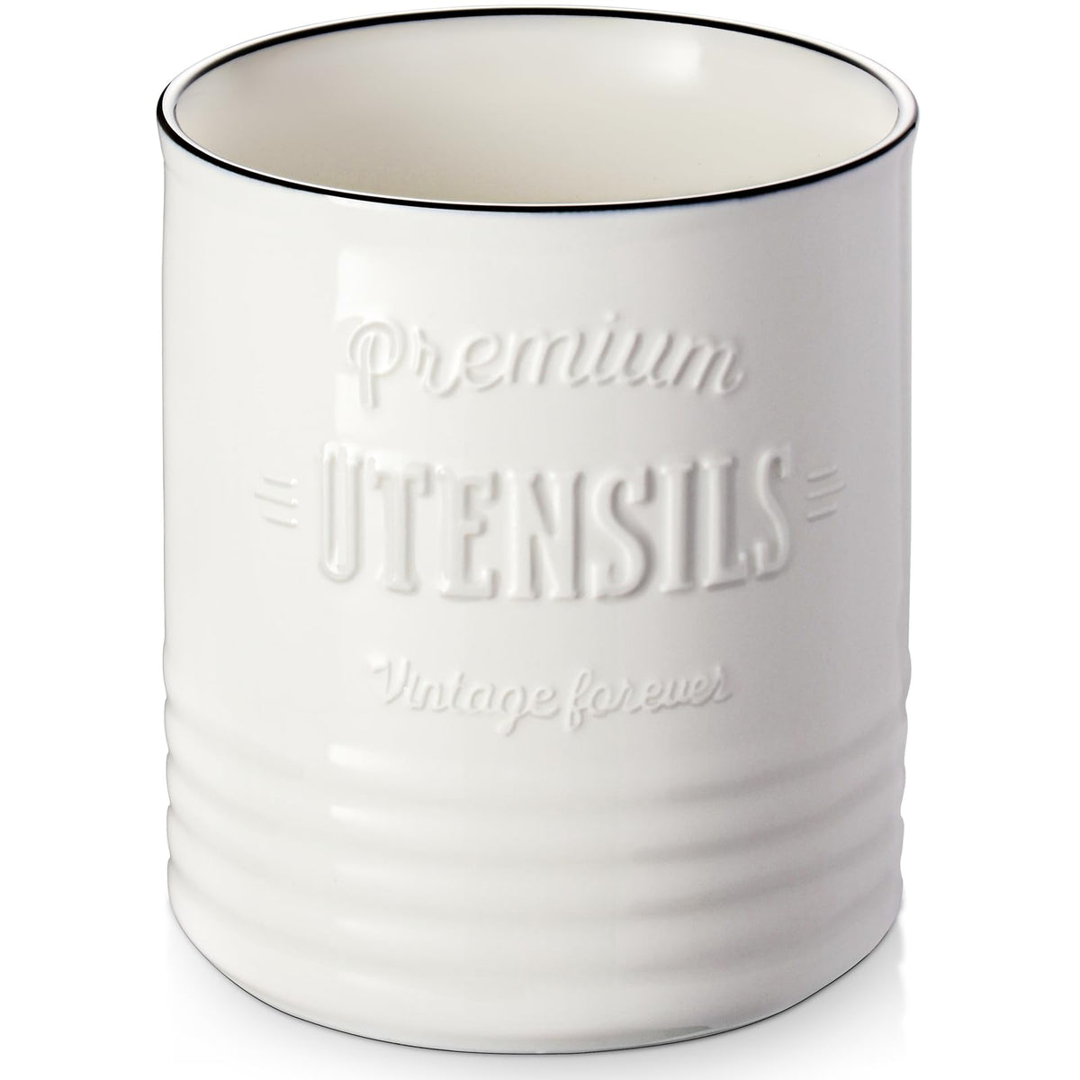 DOWAN white utensil holder on counter keeps spoons and spatulas organized and within reach.