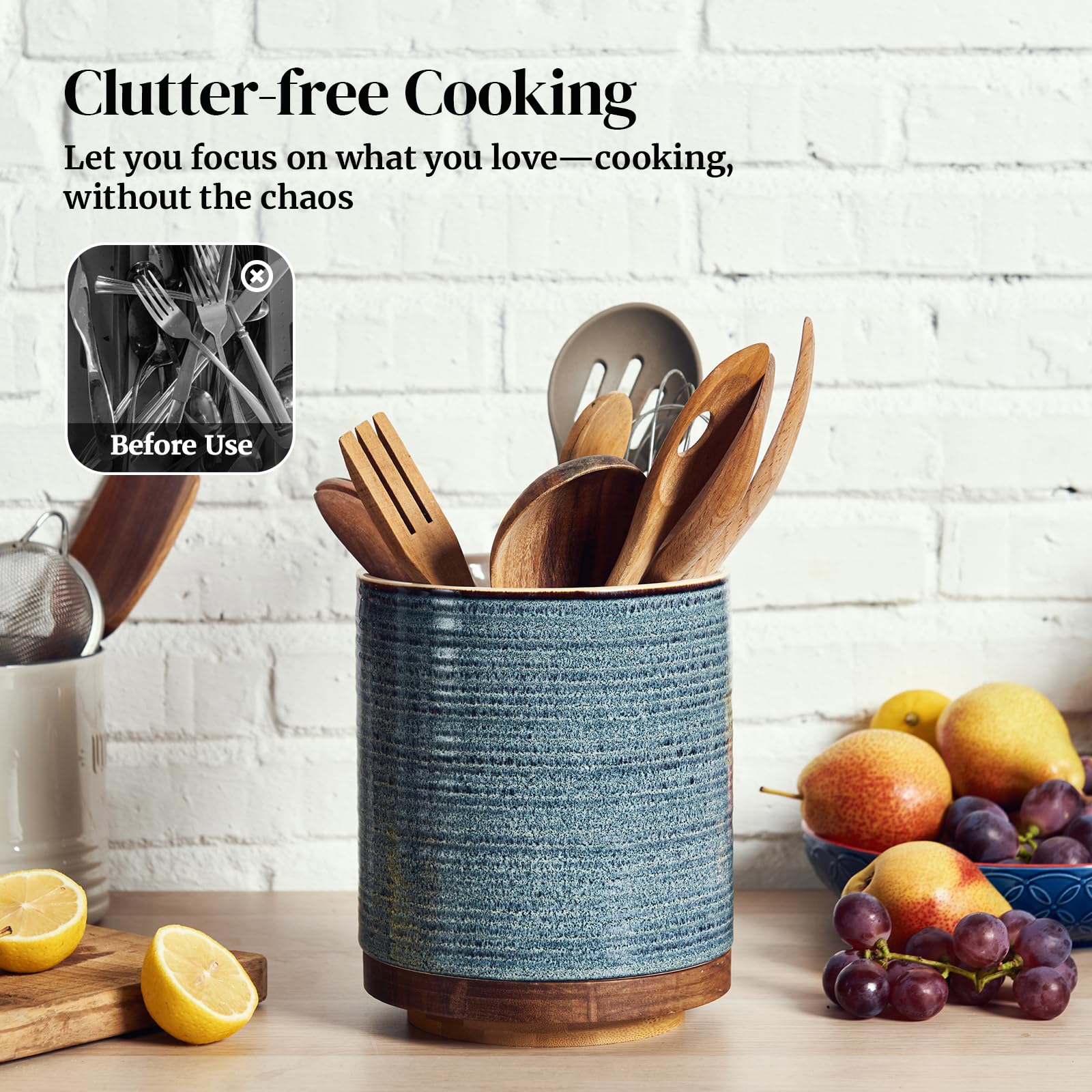 DOWAN versatile ceramic utensil holder doubles as decor or a planter in any room.
