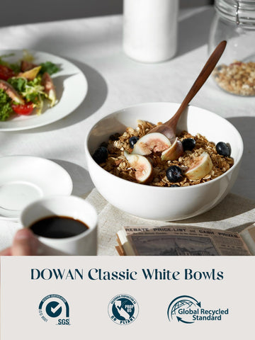 DOWAN white ceramic pasta and salad bowl with clean presentation.