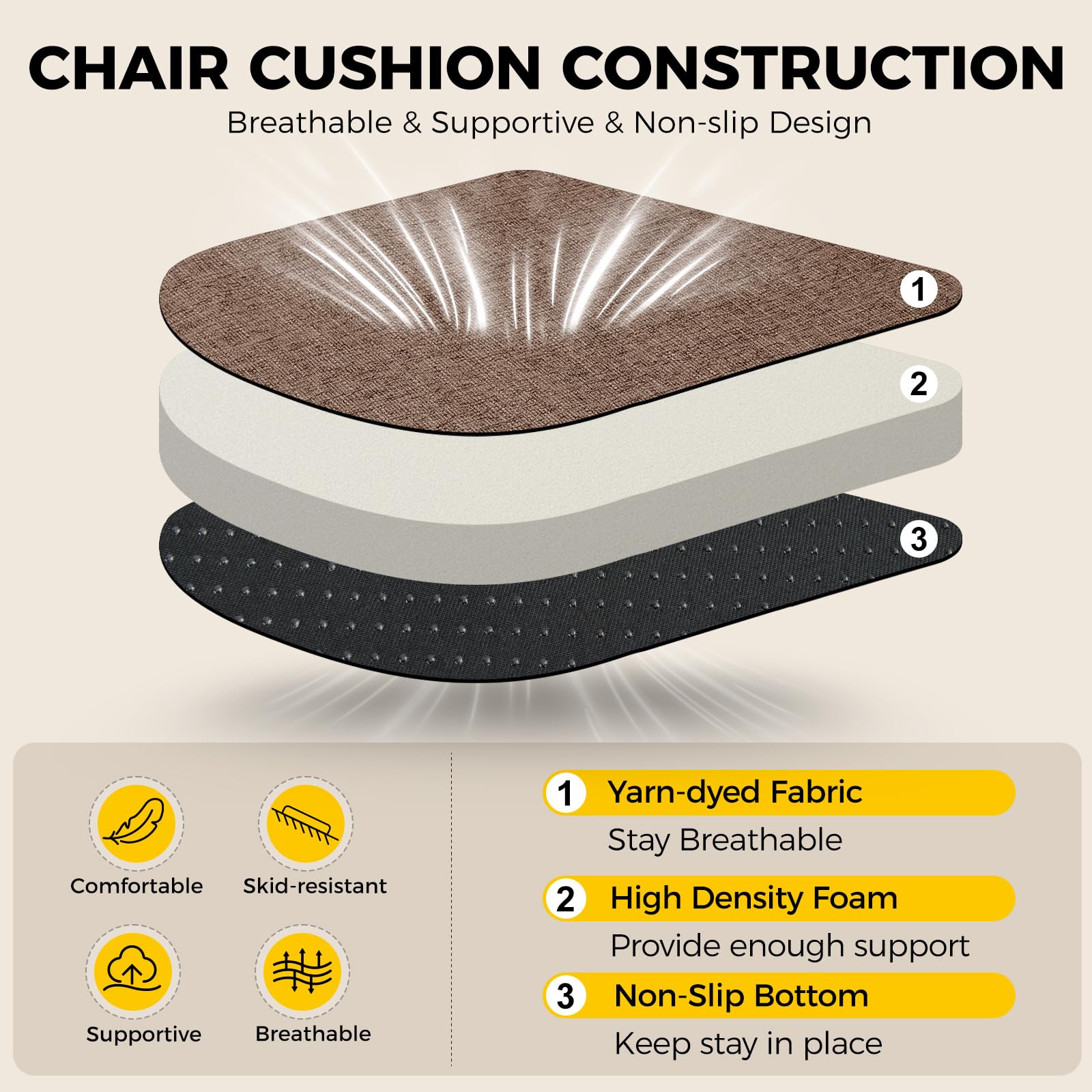 Downluxe cushion with attached ties for secure dining chair fit.