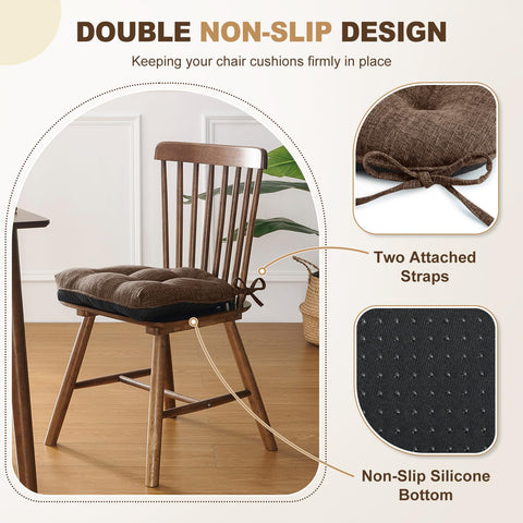 downluxe chair cushion with attached ties and non-slip bottom stays in place