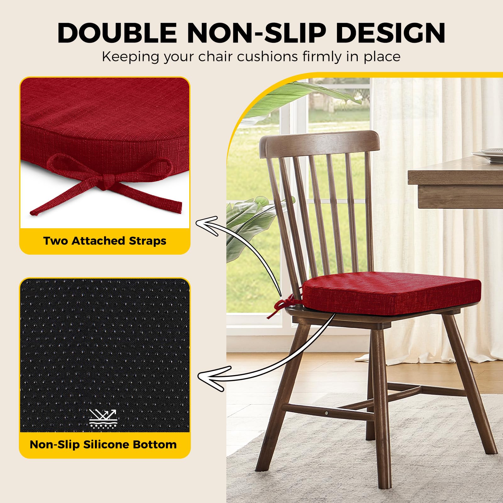 Downluxe cushion with attached ties secures cushions on chairs