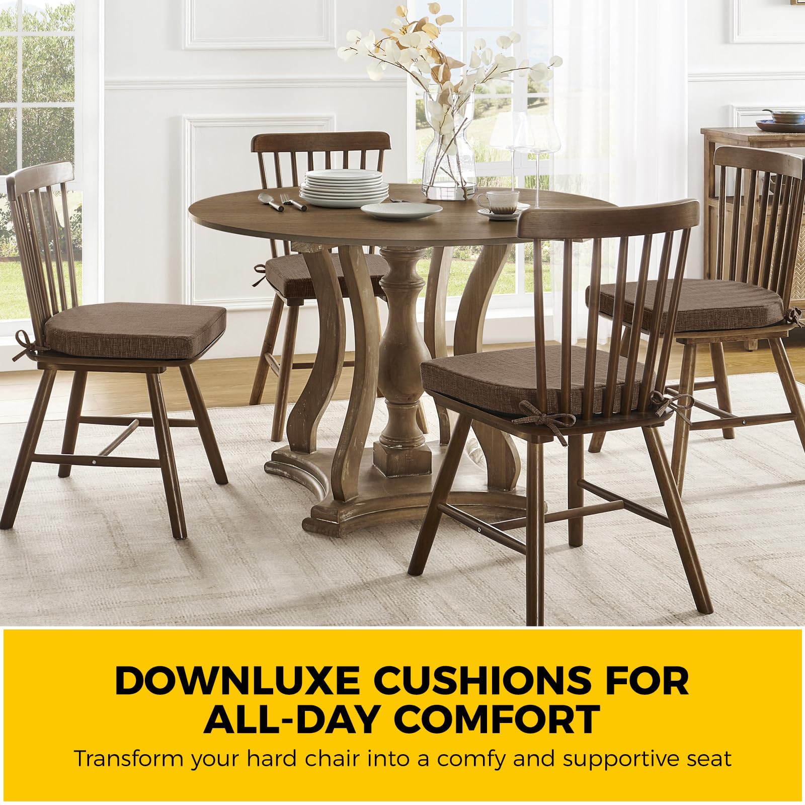 Downluxe four-pack brown chair cushions for dining and living spaces.
