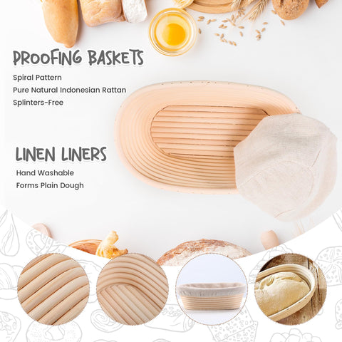DOYOLLA bread proofing baskets with liners, oval 10 inch, keeps dough organized.