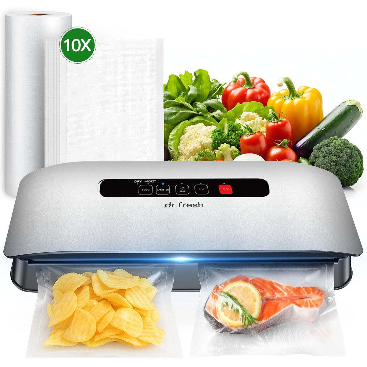 DR.Fresh Food Vacuum Sealer front view shows compact, space-saving kitchen design.