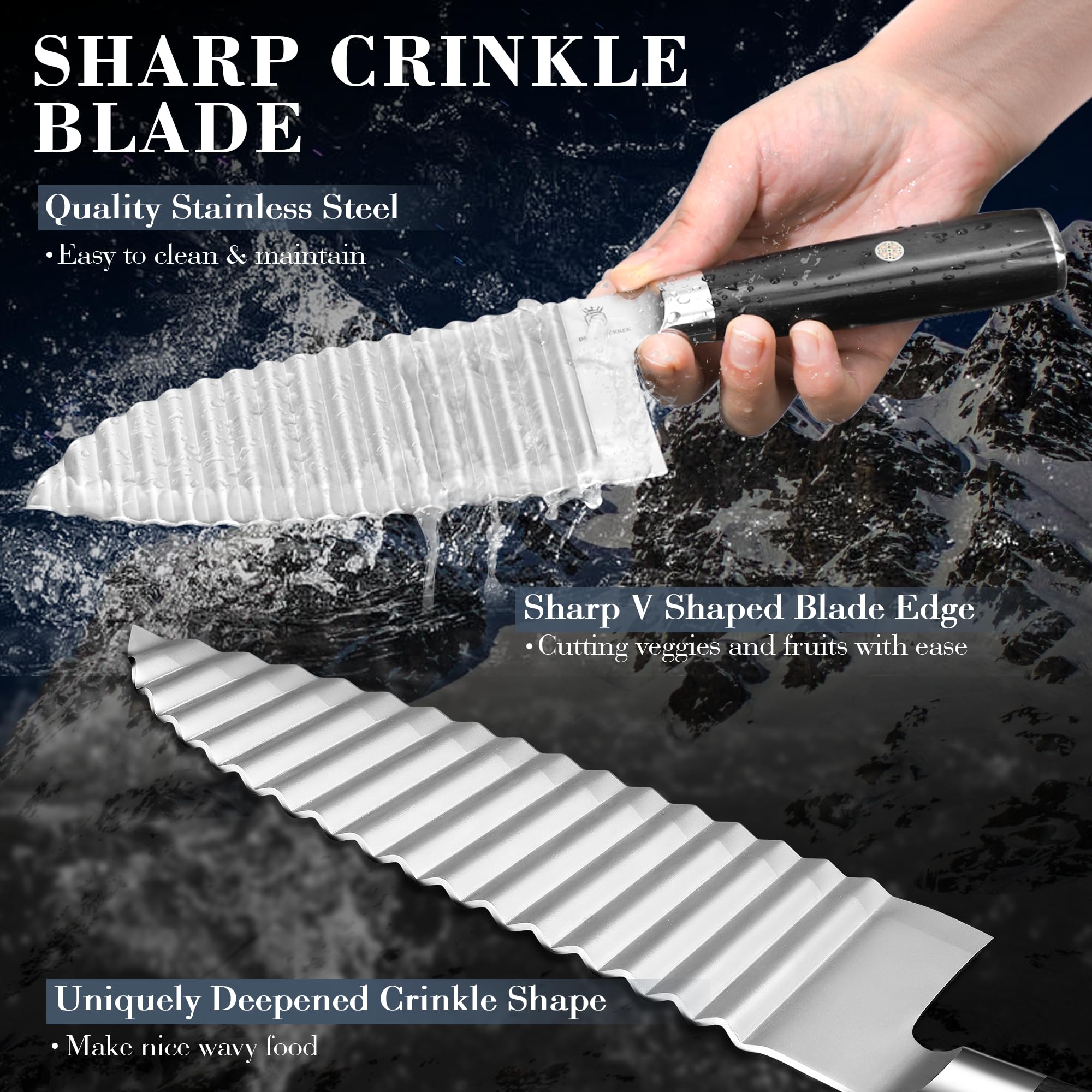 Dragon Creek Crinkle Cutter angled blade design reduces resistance during slicing.