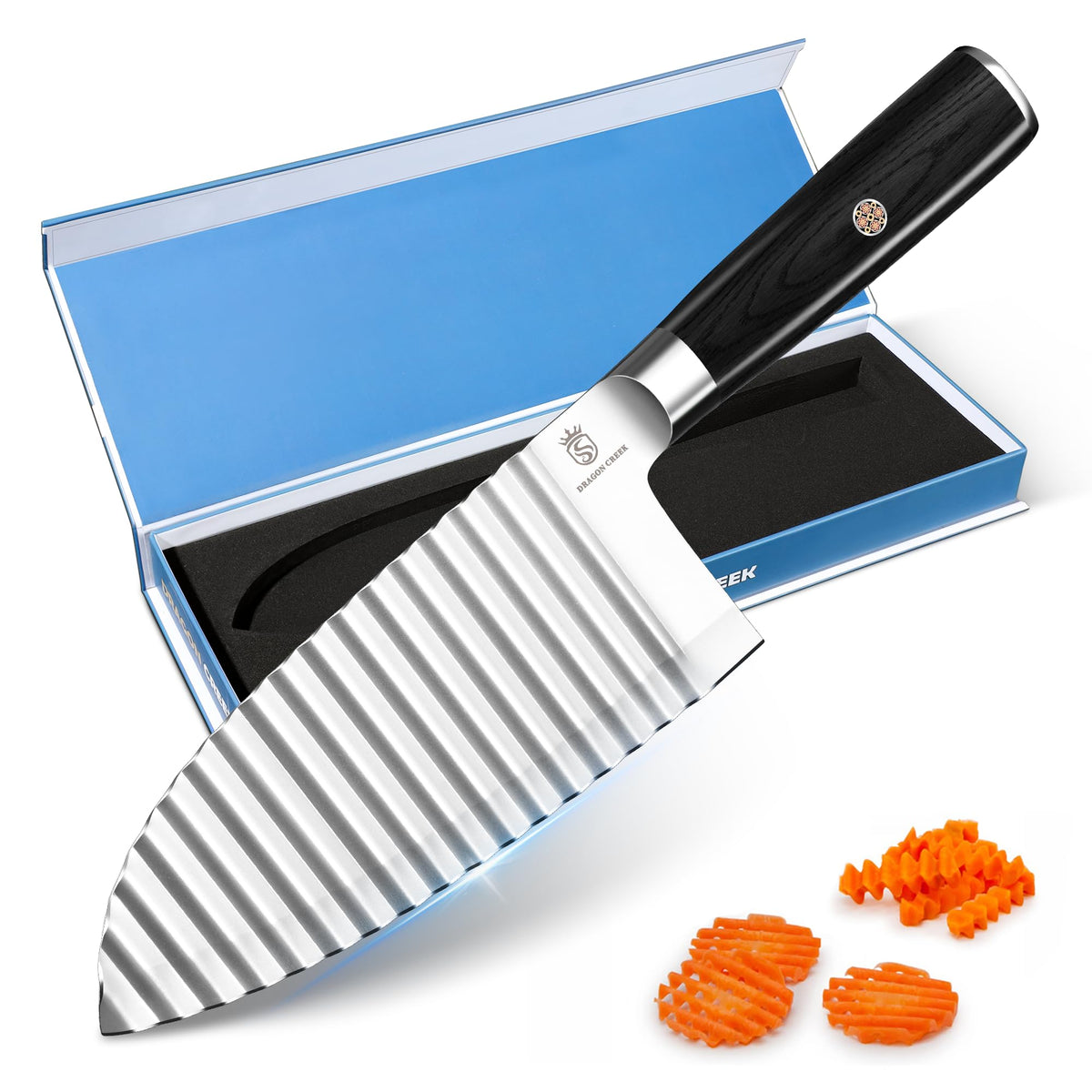 Dragon Creek Crinkle Cutter blade closeup shows a sharp stainless steel edge for precise cuts.