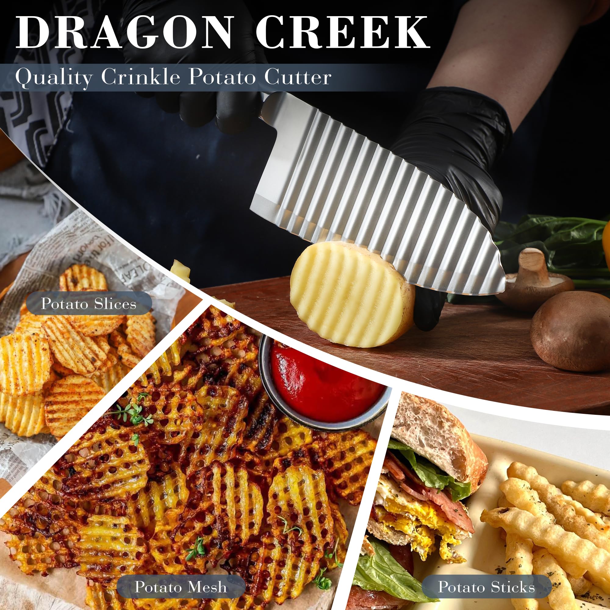 Dragon Creek Crinkle Cutter showcases wavy cuts on potatoes for decorative textures.