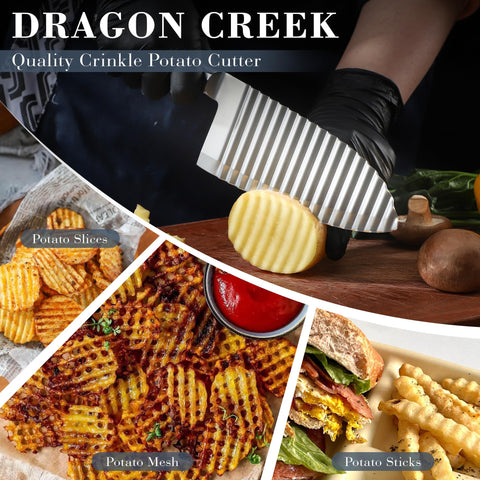 Dragon Creek Crinkle Cutter showcases wavy cuts on potatoes for decorative textures.