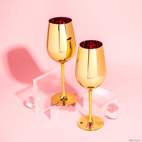 Dragon Glassware Barbie pink-stem wine glasses add a luxe bar setting.