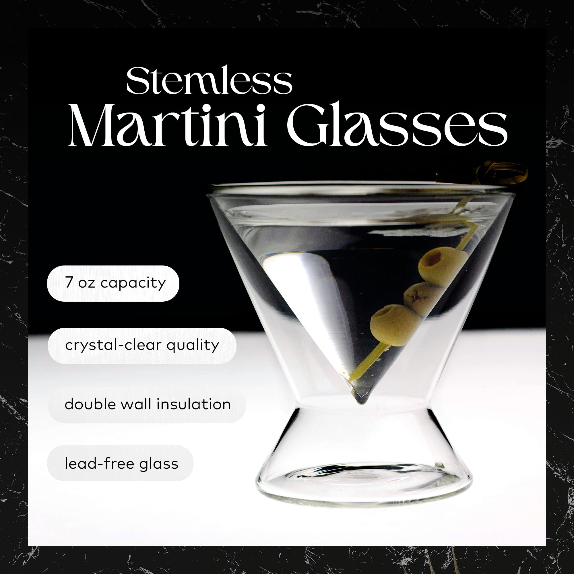 Dragon Glassware double-wall insulated martini glasses keep drinks colder longer.