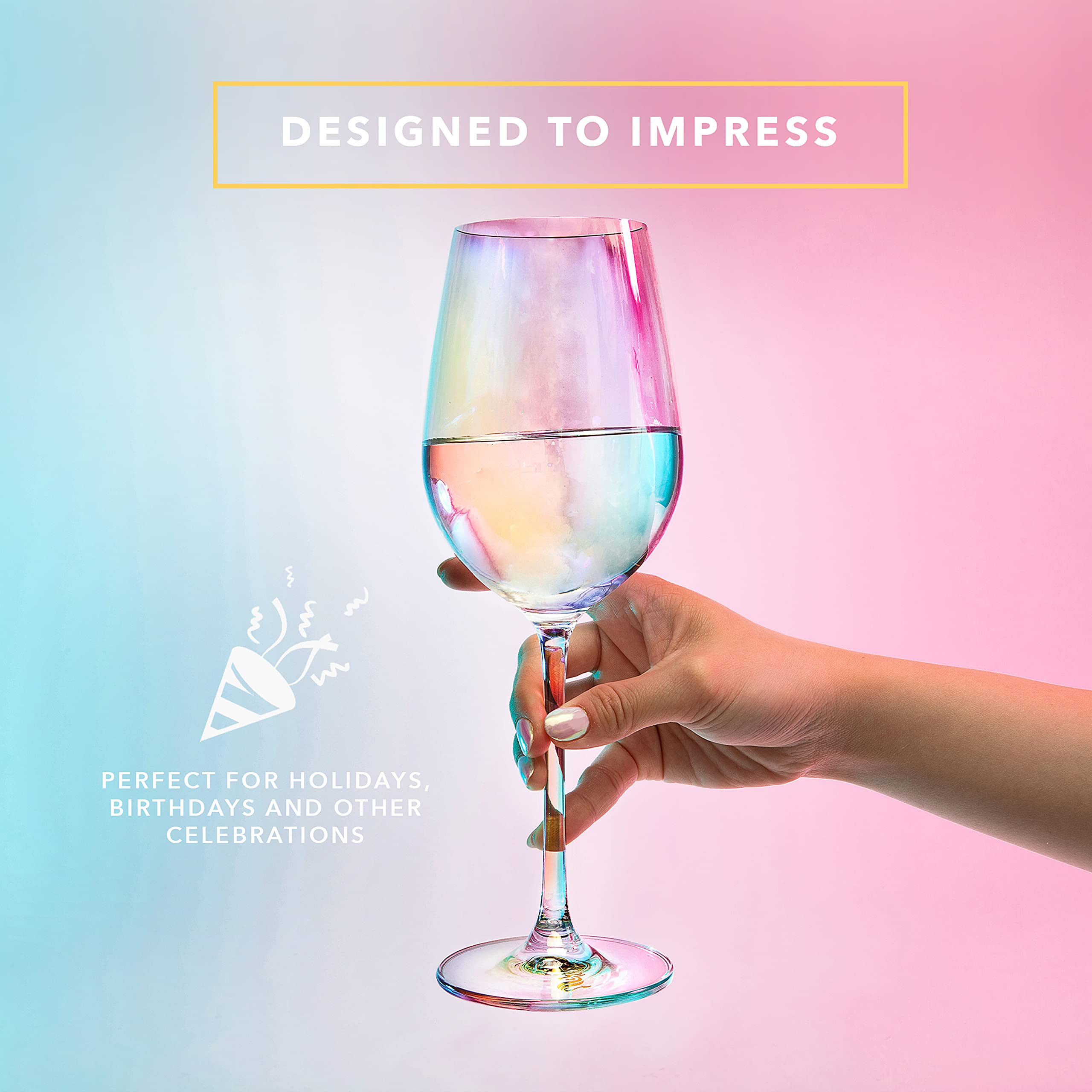 Dragon Glassware iridescent coating glass adds shimmer for tables and parties.