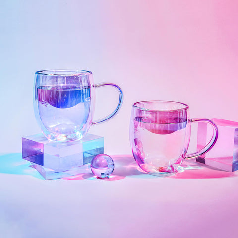 Dragon Glassware iridescent double-wall mug texture close-up highlights shimmering finish for photos.