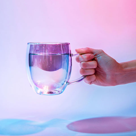 Dragon Glassware iridescent double-wall mug with steam elevates daily coffee ritual.