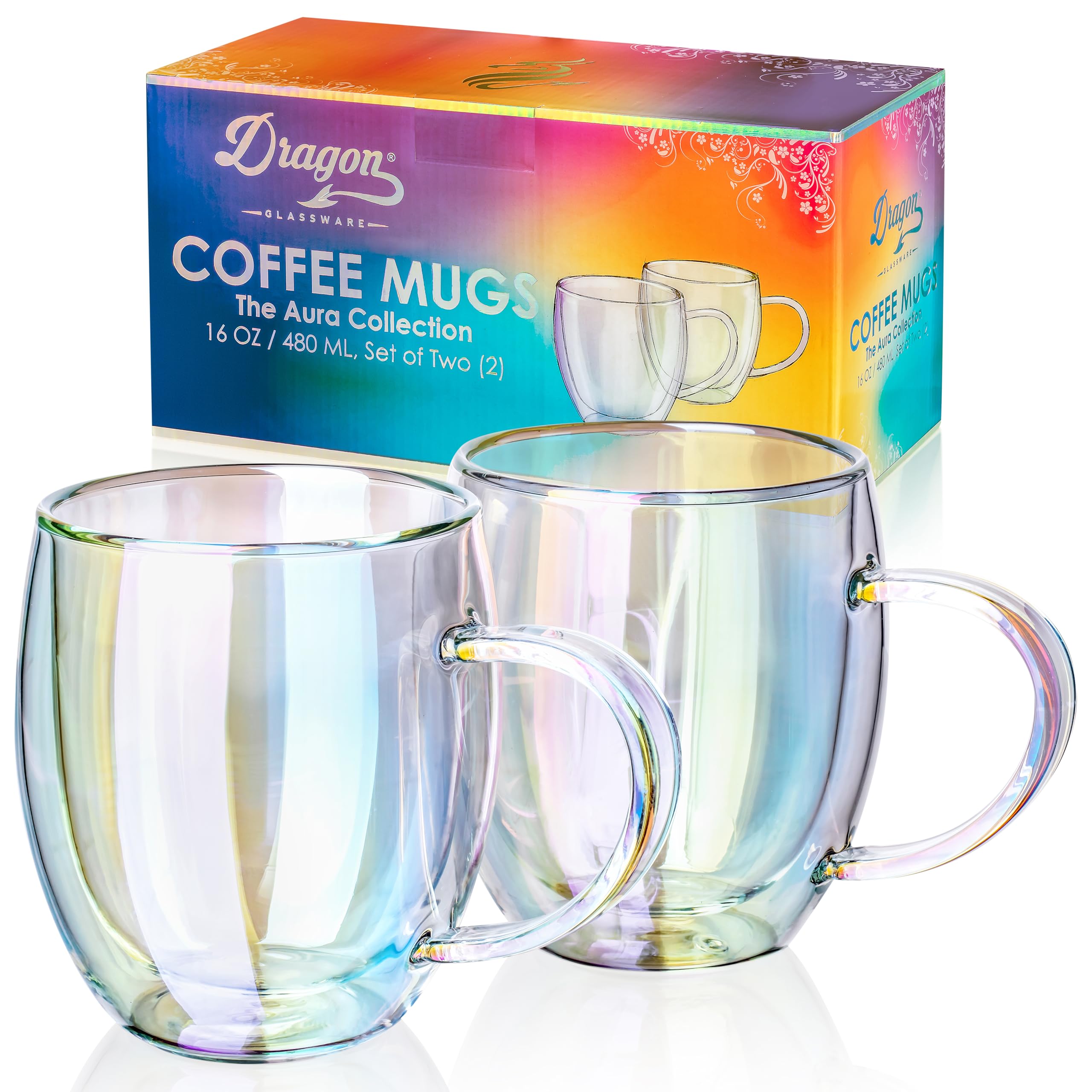 Dragon Glassware iridescent double-wall mug front view showcases sparkle and heat retention.