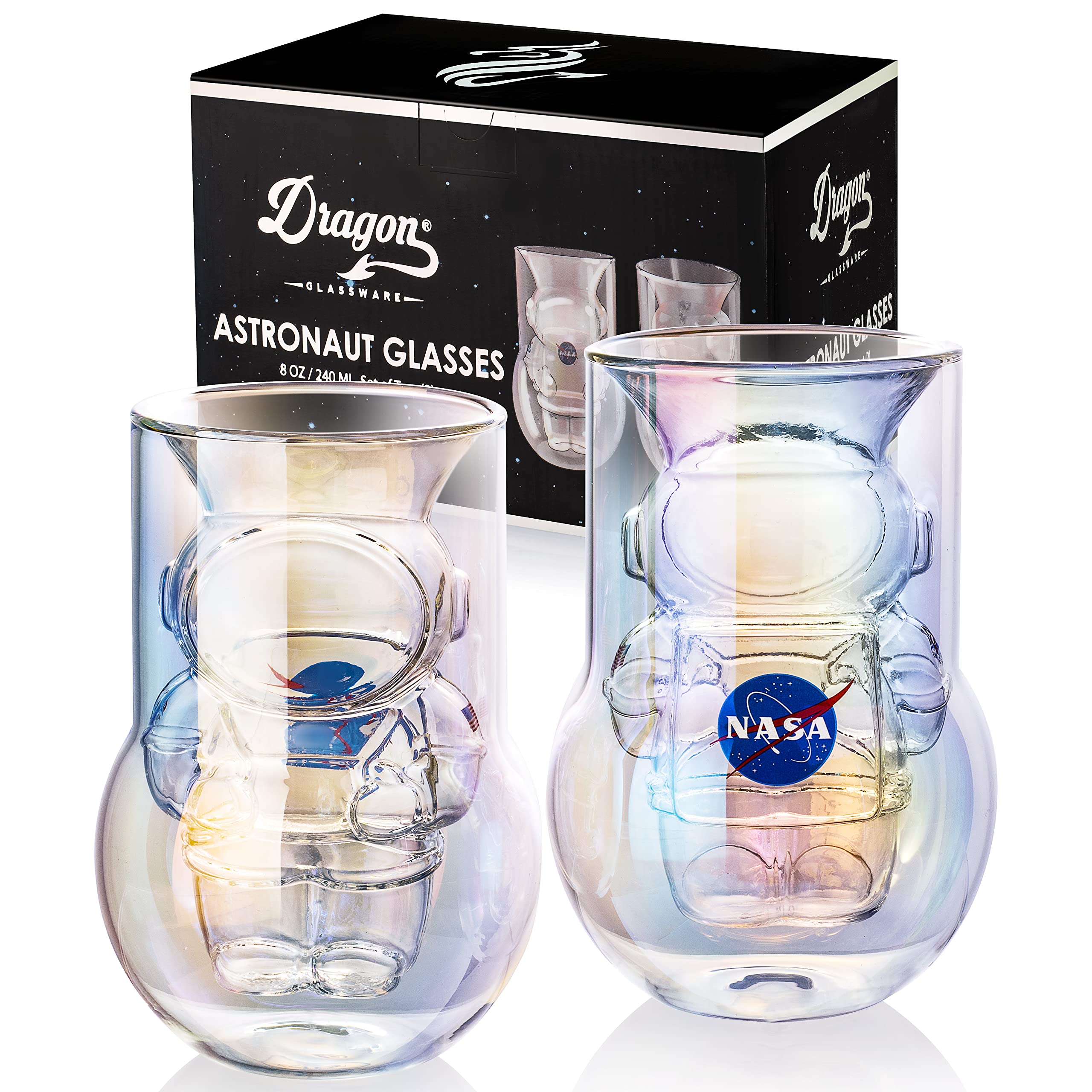 Dragon Glassware NASA Astronaut Glasses with iridescent finish for space-themed entertaining and cooling drinks.