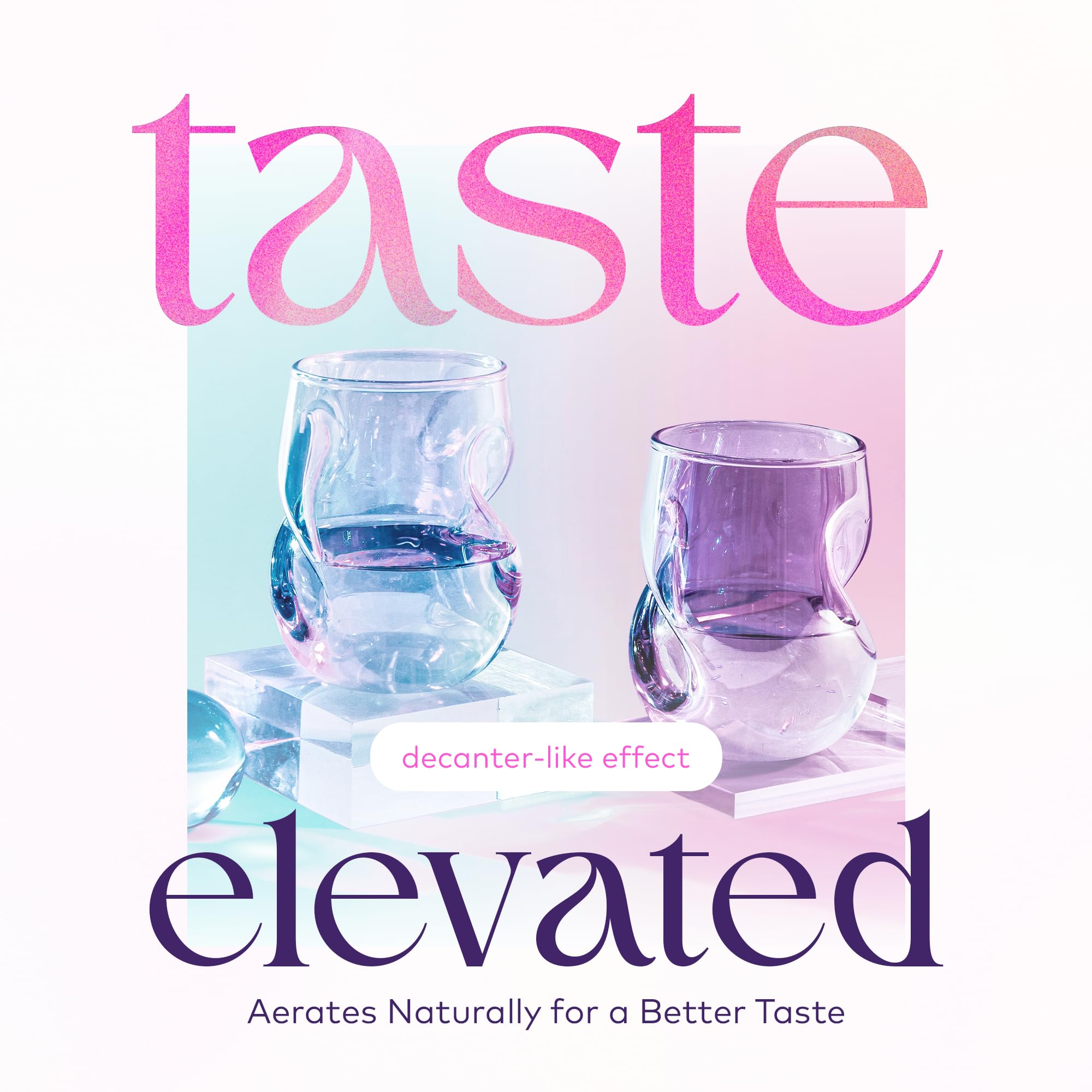Iridescent stemless glasses catching light for stylish entertaining and photo moments.