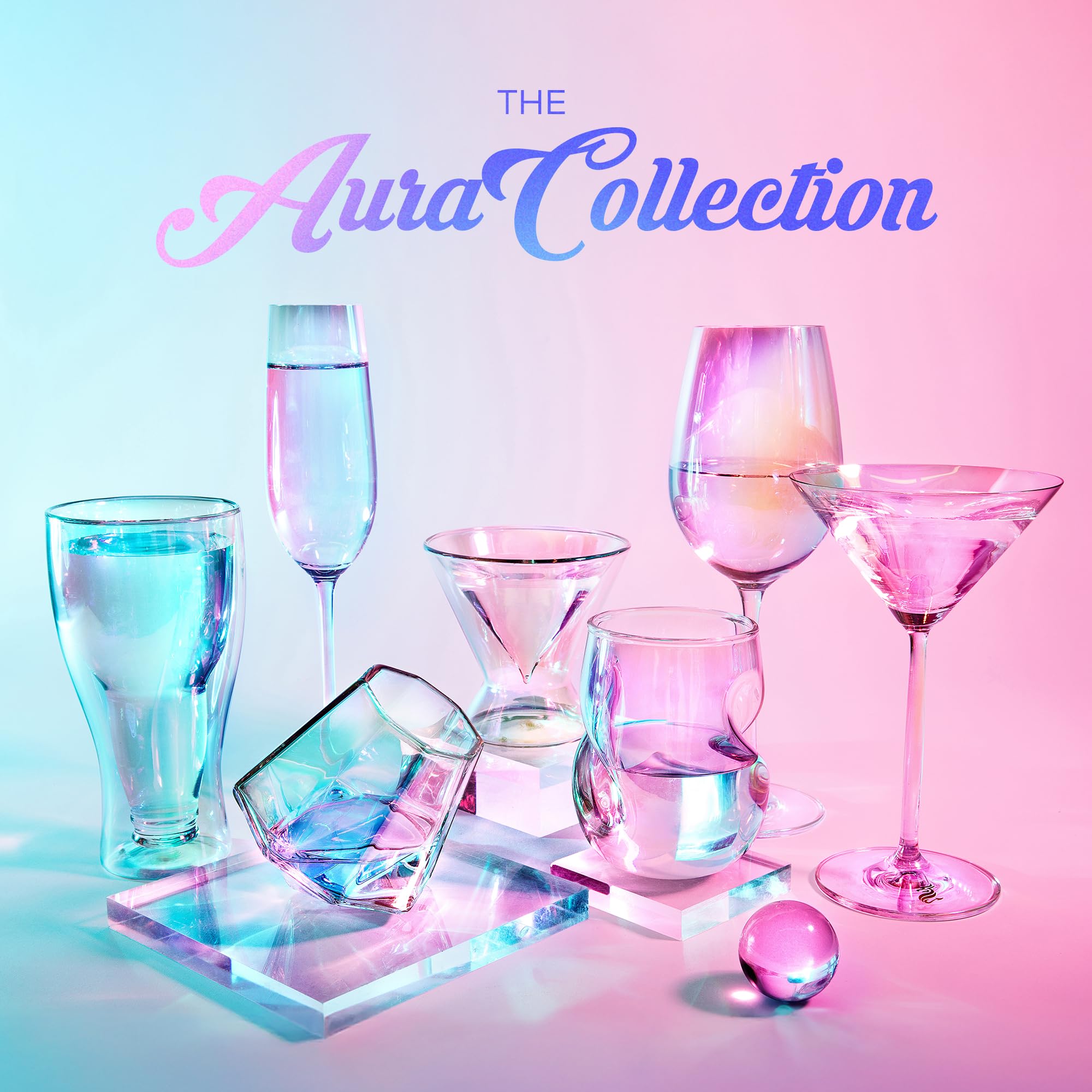 Versatile iridescent stemless wine glasses ideal for parties and memorable toasts.