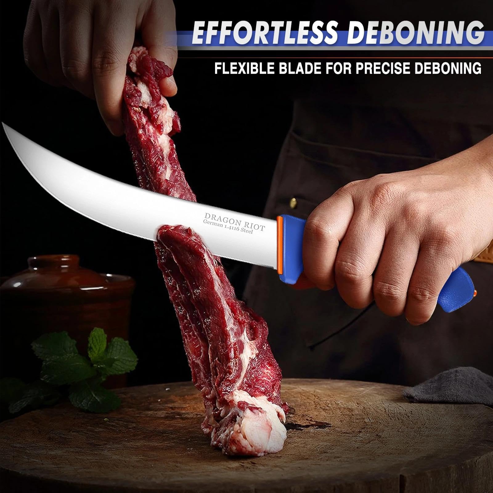 Dragon Riot 8in butcher breaking knife in kitchen prep.