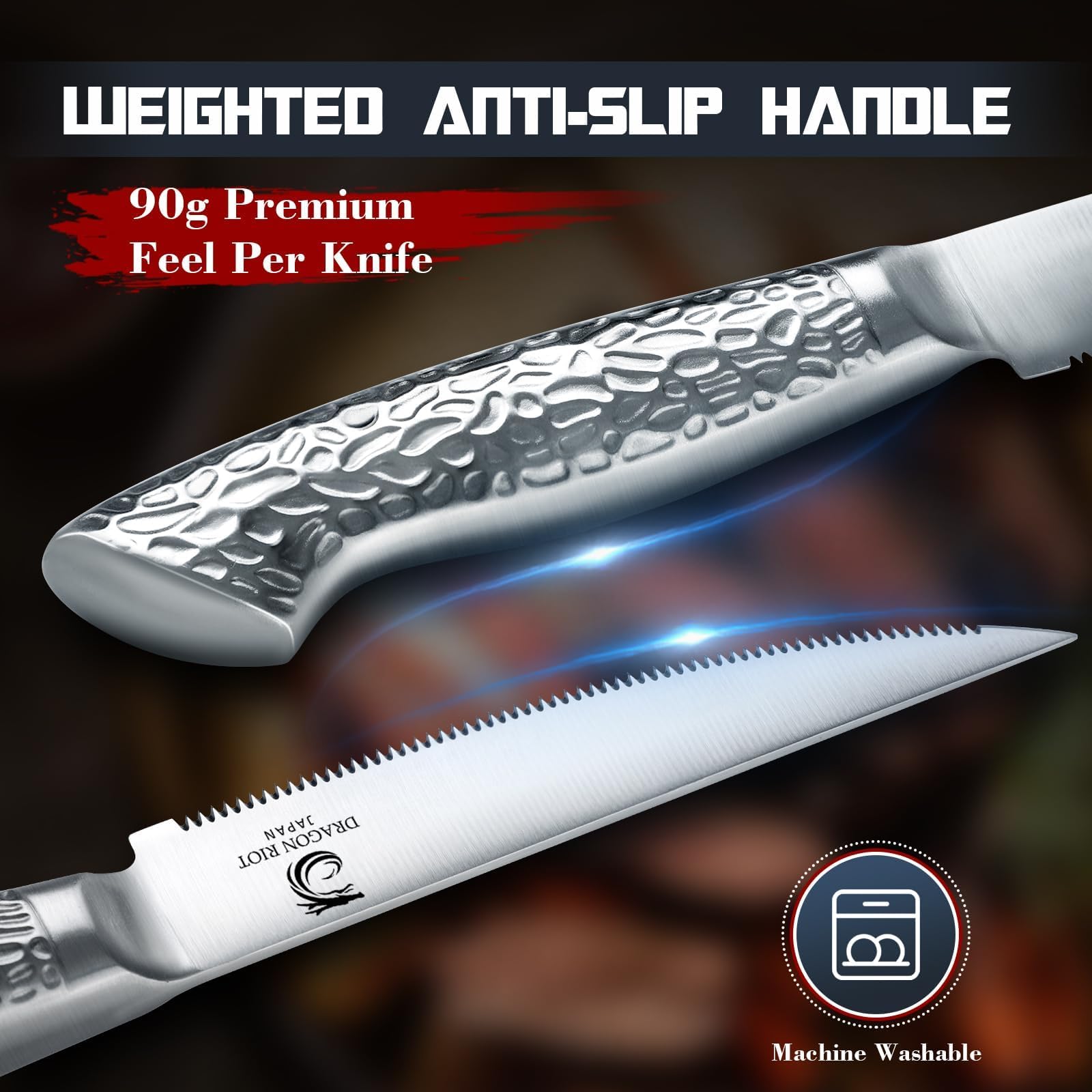 Dragon Riot ergonomic-handle dinner knife provides secure, comfortable grip.