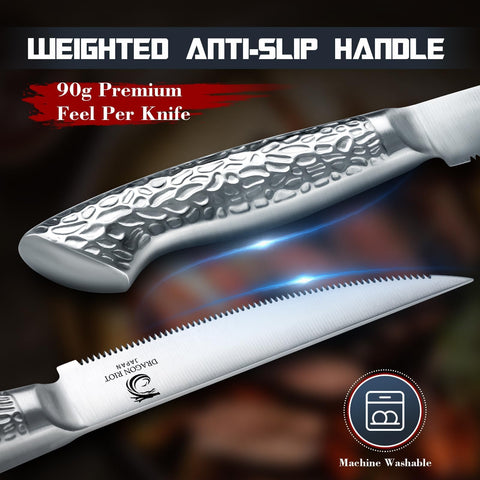 Dragon Riot ergonomic-handle dinner knife provides secure, comfortable grip.
