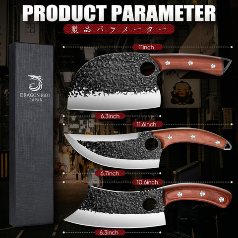 DRAGON RIOT hammered blade reduces sticking for cleaner cuts.