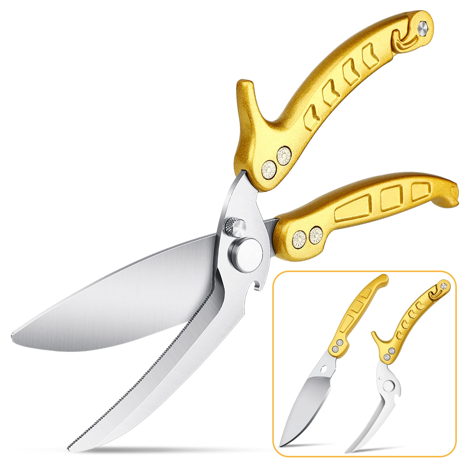 Dragon Riot heavy-duty poultry shears in hand for tough meat cutting.