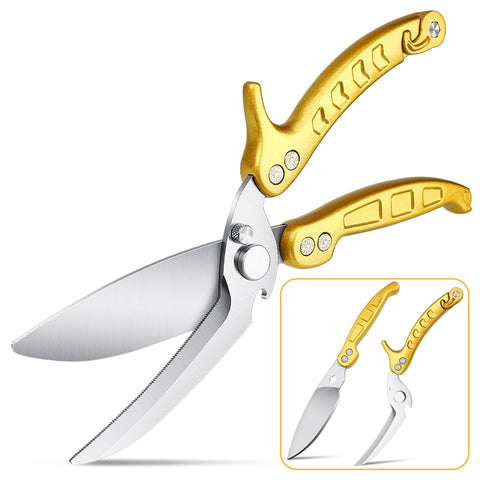 Dragon Riot heavy-duty poultry shears in hand for tough meat cutting.