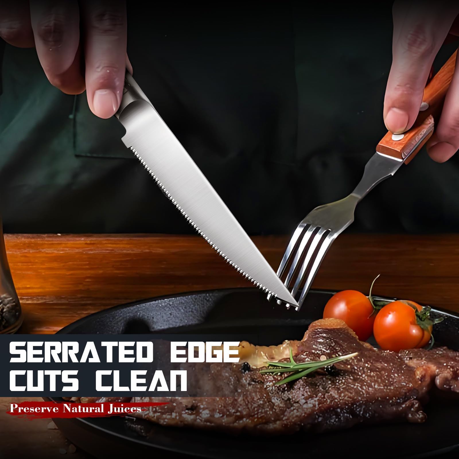 Dragon Riot serrated-edge steak knife offers precise, clean cuts.