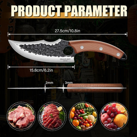 Dragon Riot Viking Knife meat-cutting action in a kitchen