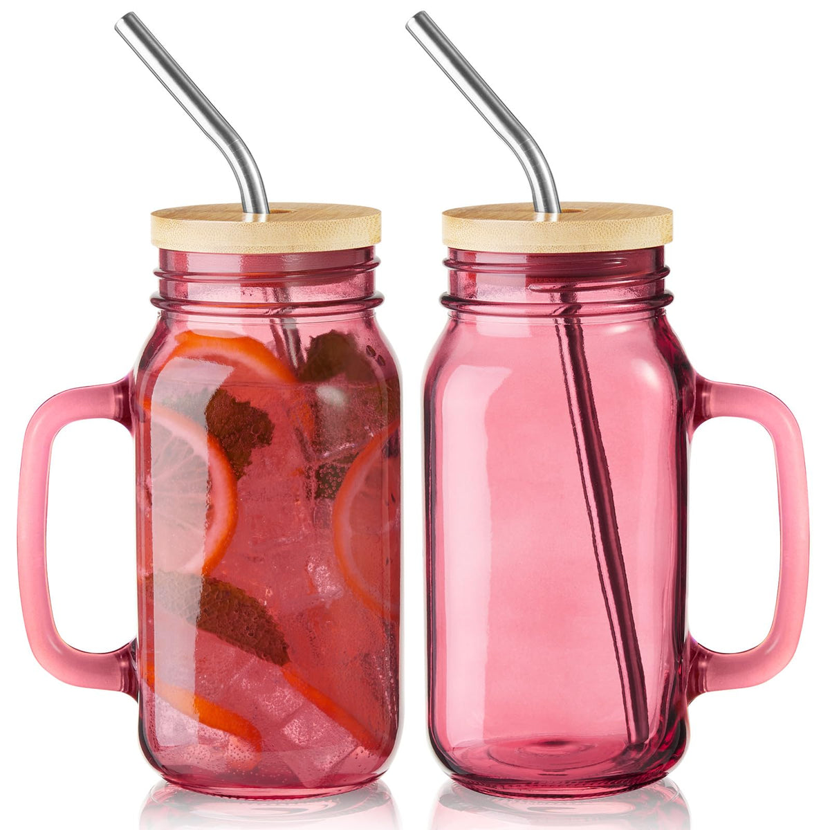 DRASTAR 24oz mason jar with handle, pink lid and straw for cold drinks.