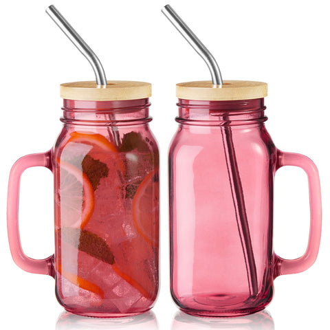 DRASTAR 24oz mason jar with handle, pink lid and straw for cold drinks.