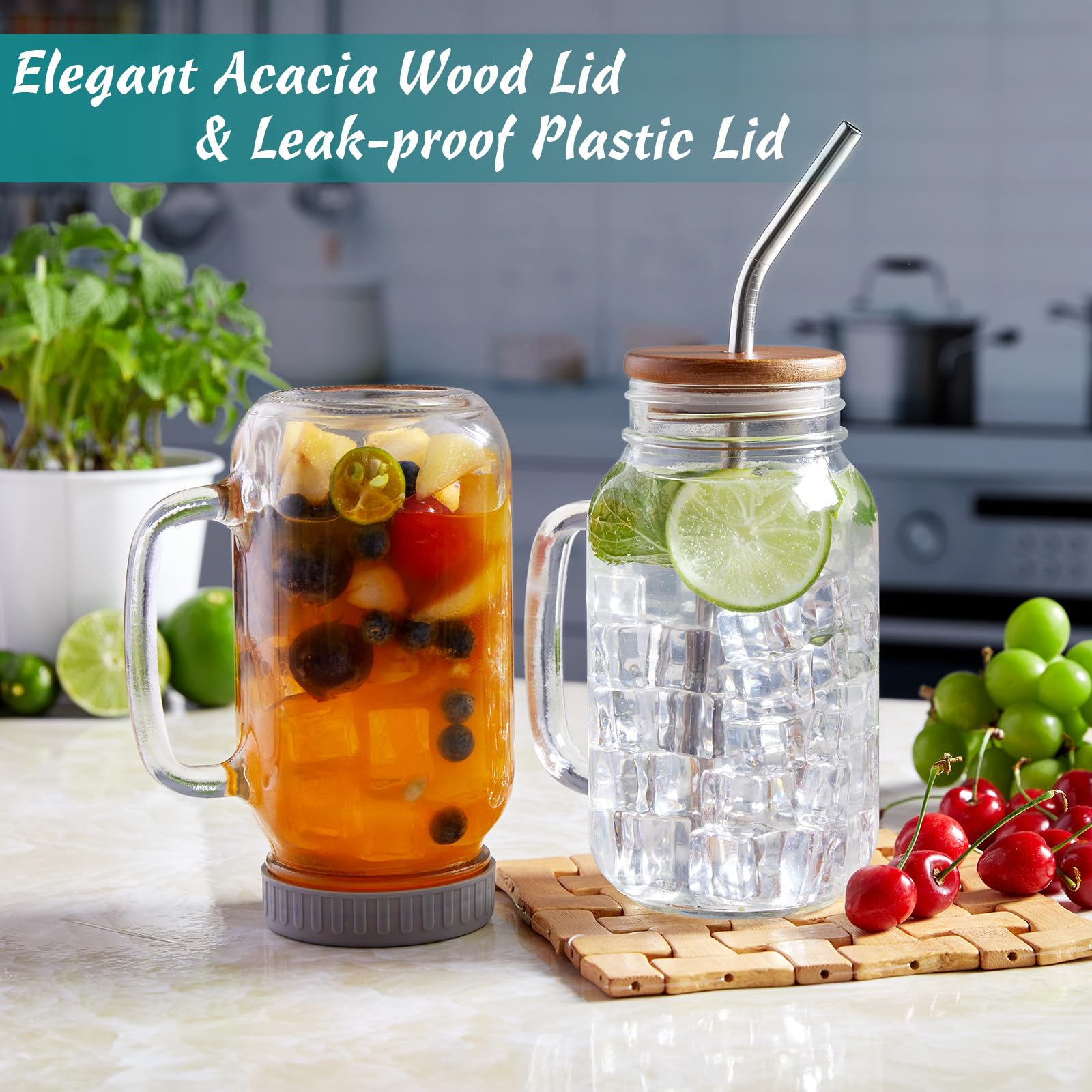 DRASTAR mason jar with acacia lid shows stylish, mold-resistant design for cold drinks.