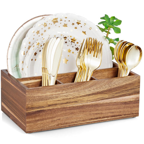 DRASTAR paper plate dispenser with acacia wood finish keeps plates within reach during parties
