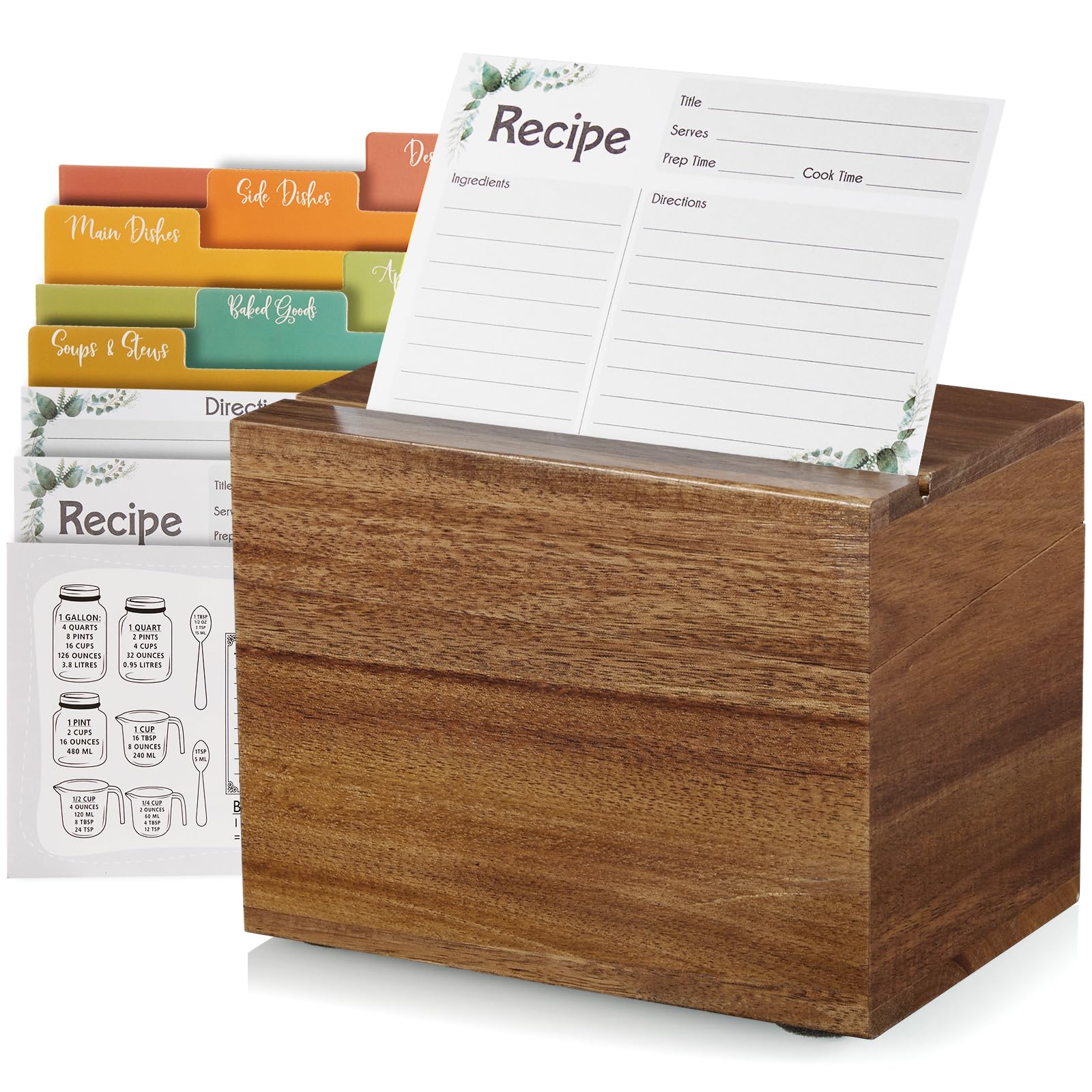 DRASTAR Acacia recipe card box in warm wood tones on counter, showcasing durable storage